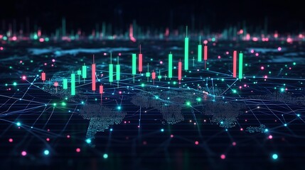 Fototapeta premium A futuristic candlestick chart with green and red candles fluctuating, projected on a glowing high-tech global map, network lines connecting financial centers across different time zones,