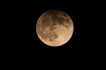 Capture of a 2024 Lunar Eclipse during the Harvest Moon, highlighting the moon’s warm golden hue and surface details. A striking celestial event set against a deep black sky.