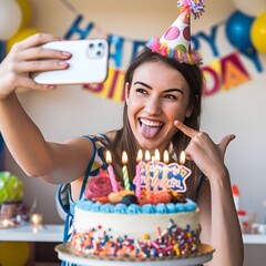 happy girl taking photo with birthday cake 