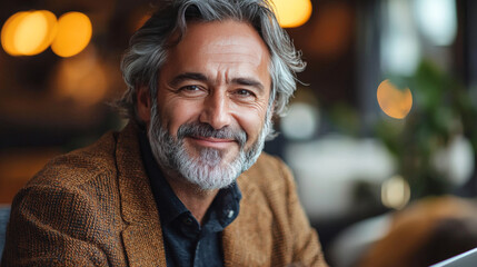 Fototapeta premium Smiling mature man with gray hair sitting at a cafe.