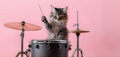 A playful cat showcases its drum skills, bringing joy and rhythm to a whimsical music session today. Cat and Music Talent Concept