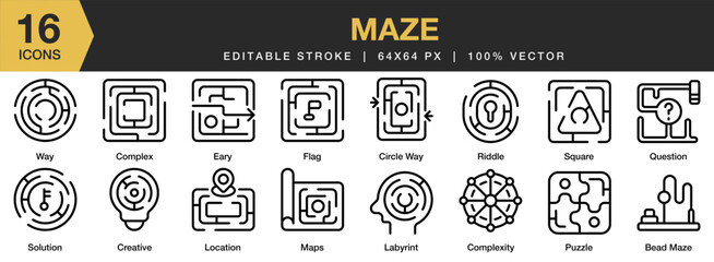 Maze icon set. Editable Stroke Icon Collection. Includes bead, circle way, complex, creative, flag, early, and More. Outline icons vector collection.