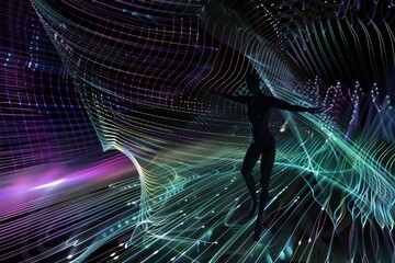 A woman is dancing in a colorful, swirling vortex
