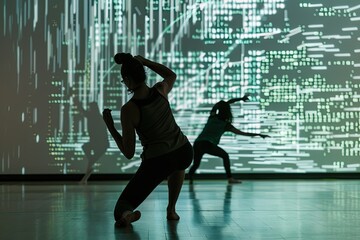 A woman is dancing in a colorful, swirling vortex