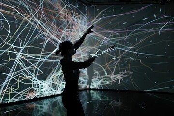 A woman is dancing in a colorful, swirling vortex