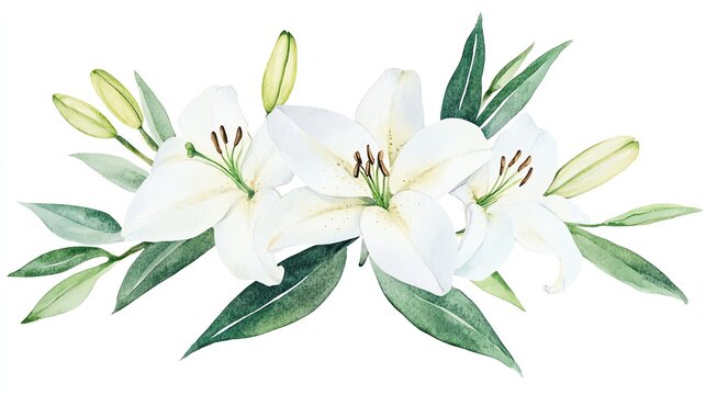white lilies watercolor floral arrangement on white clip art preview