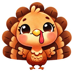 Naklejka premium A cute cartoon turkey with large eyes and a playful expression, surrounded by colorful feathers, perfect for festive themes.