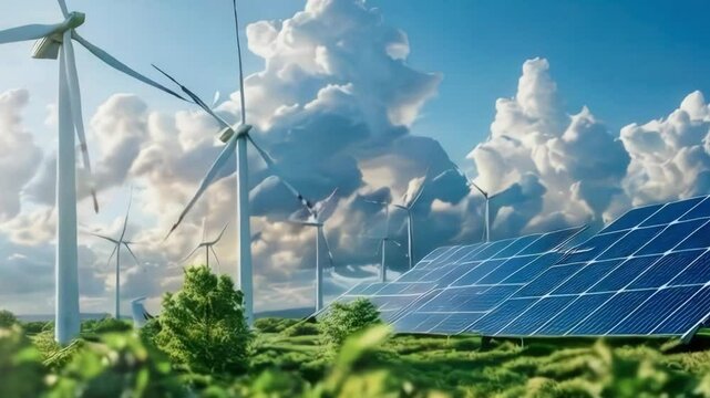 Solar panels and turbines, solar power turbine with large propeller tower