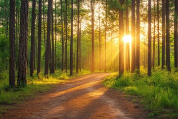 Fototapeta premium Sun Rays Through a Pine Forest Path