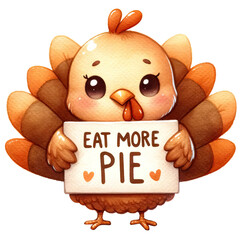 A cute cartoon turkey holding a sign that says "Eat More Pie," featuring warm colors and a playful expression.