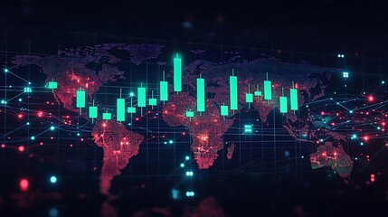 Obraz premium A rising candlestick chart with green candles, displayed over a world map with glowing financial hubs, network lines connecting the busiest cryptocurrency trading regions, soft lighting, hd textures,