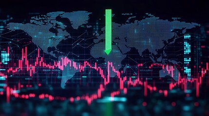 Fototapeta premium A sharp upward green candlestick on a cryptocurrency chart, displayed on a glowing digital world map, major financial hubs illuminated, network lines connecting regions, soft neon lighting,