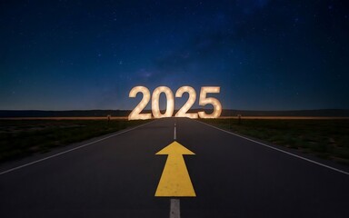 An empty road with "2025" written on it and an arrow pointing forward symbolizes the journey toward the future.