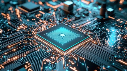 Obraz premium Closeup of a glowing circuit board with a CPU chip