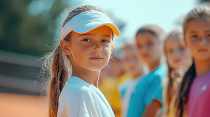 A group of children in colorful tennis outfits practicing on sunny day, showcasing their focus and determination. young athletes are lined up, ready to improve their skills