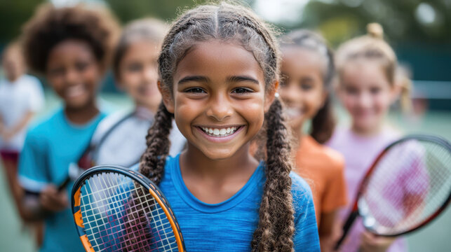 Smiling children on tennis court, showcasing joy and teamwork while holding tennis rackets. Their diverse backgrounds highlight unity and friendship in sports - Powered by Adobe