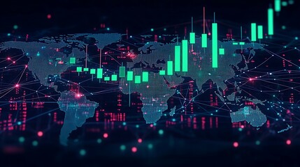 Obraz premium A vibrant candlestick chart with green candles soaring, overlaid on a global map with glowing financial hubs in major cities, network lines connecting cryptocurrency trading hotspots,