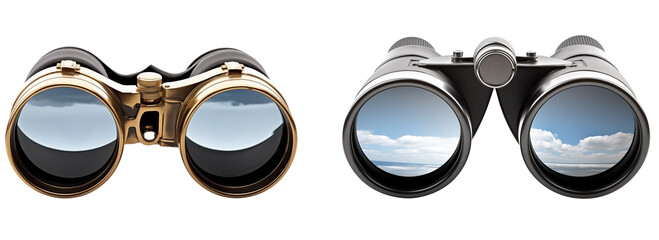Close Up Front View To a Set Of Golden and Black binoculars PNG with The sky View in glasses isolated on white and transparent background - 