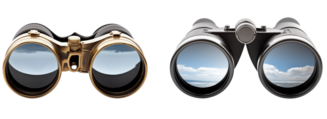 Close Up Front View To a Set Of Golden and Black binoculars PNG with The sky View in glasses isolated on white and transparent background - 