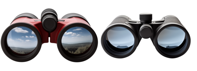 Close Up Front View To a Set Of Red and Black binoculars PNG with The sky View in glasses isolated on white and transparent background - 