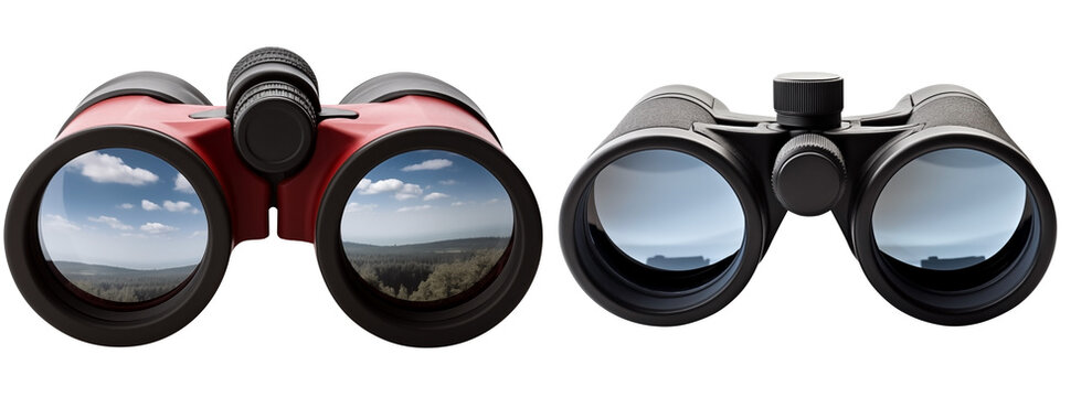Fototapeta Close Up Front View To a Set Of Red and Black binoculars PNG with The sky View in glasses isolated on white and transparent background - 