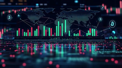 Fototapeta premium A vibrant global candlestick chart with green and red bars, overlaid on a digital world map, glowing network lines connecting major financial hubs across continents,