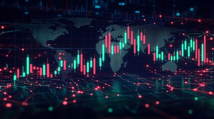 A volatile candlestick chart with alternating green and red bars, displayed on a glowing digital world map with gridlines and financial hubs illuminated,