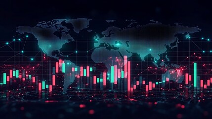Obraz premium A volatile cryptocurrency market chart with fluctuating green and red candlesticks, set against a dark world map with glowing gridlines and financial nodes, network lines connecting markets,
