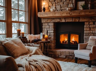 Fototapeta premium Cozy fireplace with woolen blankets in warm autumnal interior for relaxing evenings 