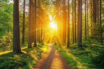 Fototapeta premium Sunbeams Illuminating a Forest Path