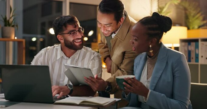 Man, tablet and group in night at office with ideas, research or plot development for movie script. People, screenwriter and team with touchscreen for point, app or project at film production company