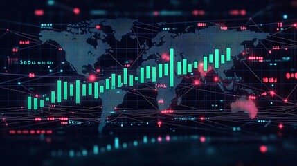 Fototapeta premium An ascending candlestick chart with bright green bars, overlaying a global map with financial centers glowing in bright colors, thin network lines connecting continents,