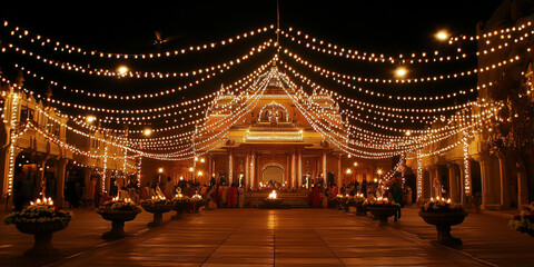 Obraz premium a grand temple beautifully decorated with strings of lights, diyas, and flowers during Diwali night