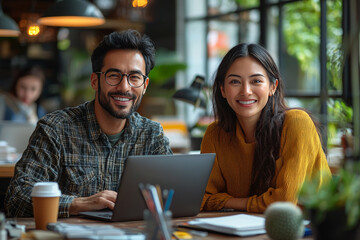 Fototapeta premium Smiling man and woman working together on laptop in a cafe.