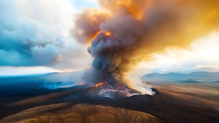 A stunning aerial view captures a volcanic eruption, with billowing smoke and lava flowing across the landscape, creating a dramatic and mesmerizing scene.