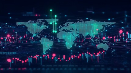 Obraz premium Green candlesticks rising on a stock market chart, projected over a world map with bright arrows indicating financial hubs, network lines connecting global markets,
