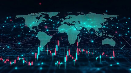 Obraz premium Green candlesticks rising sharply on a stock market chart, placed on a glowing blue world map with network nodes representing global financial hubs,