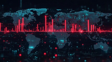Plummeting red candlesticks on a global stock chart, overlaid on a darkened world map with glowing red hubs in key cities, network lines fading, glitch effects indicating instability, cold lighting,
