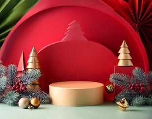 Merry Christmas and Happy New Year. Abstract minimal mock up scene. geometry podium shape for show cosmetic product display. stage pedestal or platform. winter christmas green background. 3D rendering