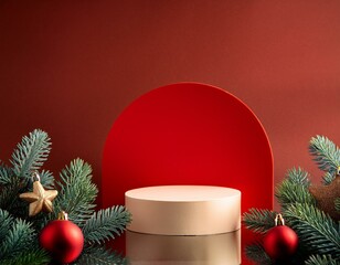 Merry Christmas and Happy New Year. Abstract minimal mock up scene. geometry podium shape for show cosmetic product display. stage pedestal or platform. winter christmas green background. 3D rendering