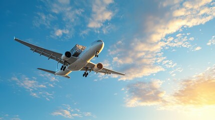 Obraz premium Cargo Airplane Flying Through Blue Sky with Clouds