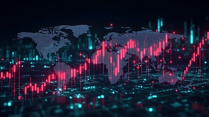 Obraz premium Red candlesticks falling dramatically on a cryptocurrency chart, overlaying a glowing world map with flickering financial hubs and connecting lines, representing global market chaos,