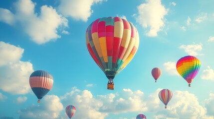 Fototapeta premium Beautiful balloons in a variety of colors drifting through the sky, with a stunning blue sky and light clouds creating a joyful, realistic scene