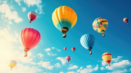 Obraz premium Beautiful balloons in vivid colors soaring high in the sky, set against a bright blue sky with light clouds in a realistic and joyful scene