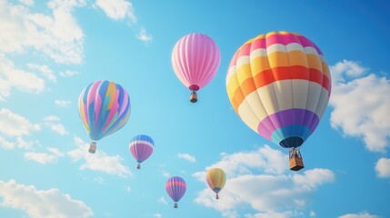 Obraz premium Beautiful multicolored balloons soaring high in the sky, with a stunning blue backdrop and light clouds, creating a joyful, realistic scene
