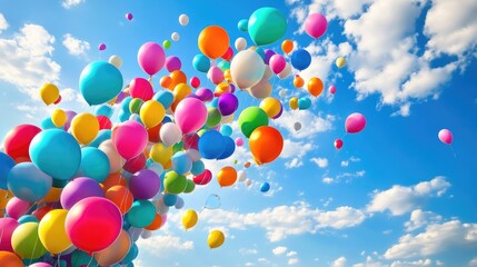 Bright and cheerful balloons in various colors flowing up into the sky, with a realistic background of blue skies and scattered clouds