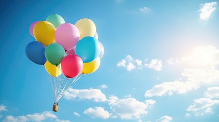 Colorful balloons rising into the sky on a clear day, with a stunning blue sky and scattered clouds creating a realistic and festive scene
