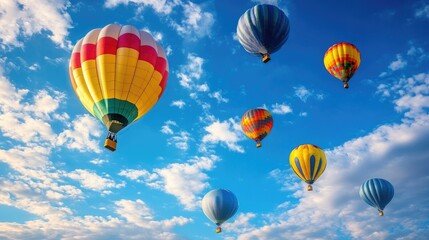 Fototapeta premium Colorful balloons rising into the sky on a clear day, with a stunning blue sky and scattered clouds creating a realistic and festive scene