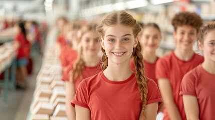 Fototapeta premium Group of happy teenagers in red shirts lined up in a bright, organized warehouse setting, smiling at the camera.