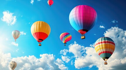 Obraz premium Stunning colorful balloons soaring through the sky on a clear, sunny day, with a realistic blue sky and soft white clouds in the background